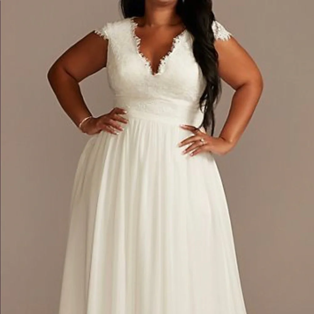 Davids’s Bridal Lace Illusion Back Chiffon Plus Size Wedding Dress - Picture 1 of 6